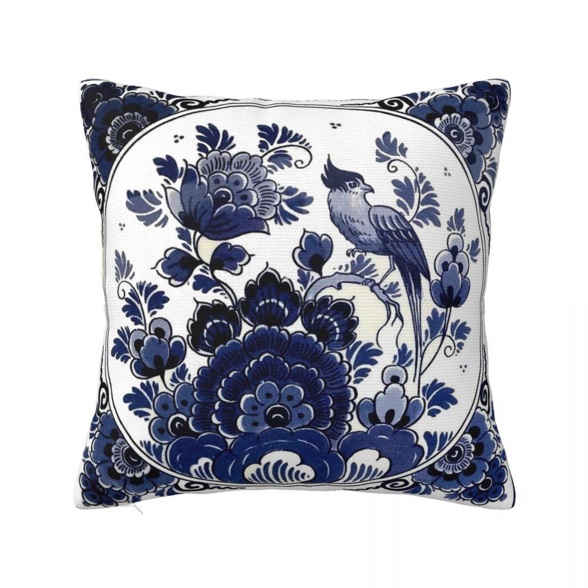 DUTCH BLUE DELFT Vintage Blue Bird And Flowers Print Square Pillowcase Pillow Cover Cushion Throw Pillow for Home Bedroom 30x30 cm 12x12 in
