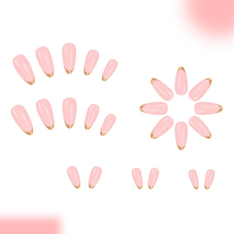 24Pcs Glitters French False Nail Almond Shape With Blush Pink Design Press On Nail For Daily Use Holiday Party