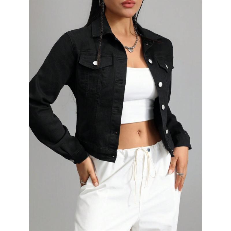 

Button-Front Long Denim Jacket with Flap Pockets Small