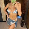 Tie Dye Long Sleeve Bikini Female Swimsuit Women Swimwear Four-pieces Bikini Set Sarong Halter Bather Bathing Suit Swim