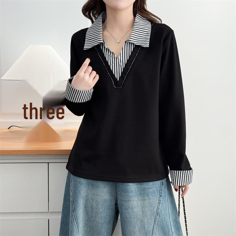 

Spring Festival 2026: Plus Size Polo-Collar Long Sleeve Sweatshirt (2 Pieces) with Striped Collar Patchwork 8659 2XL чёрный
