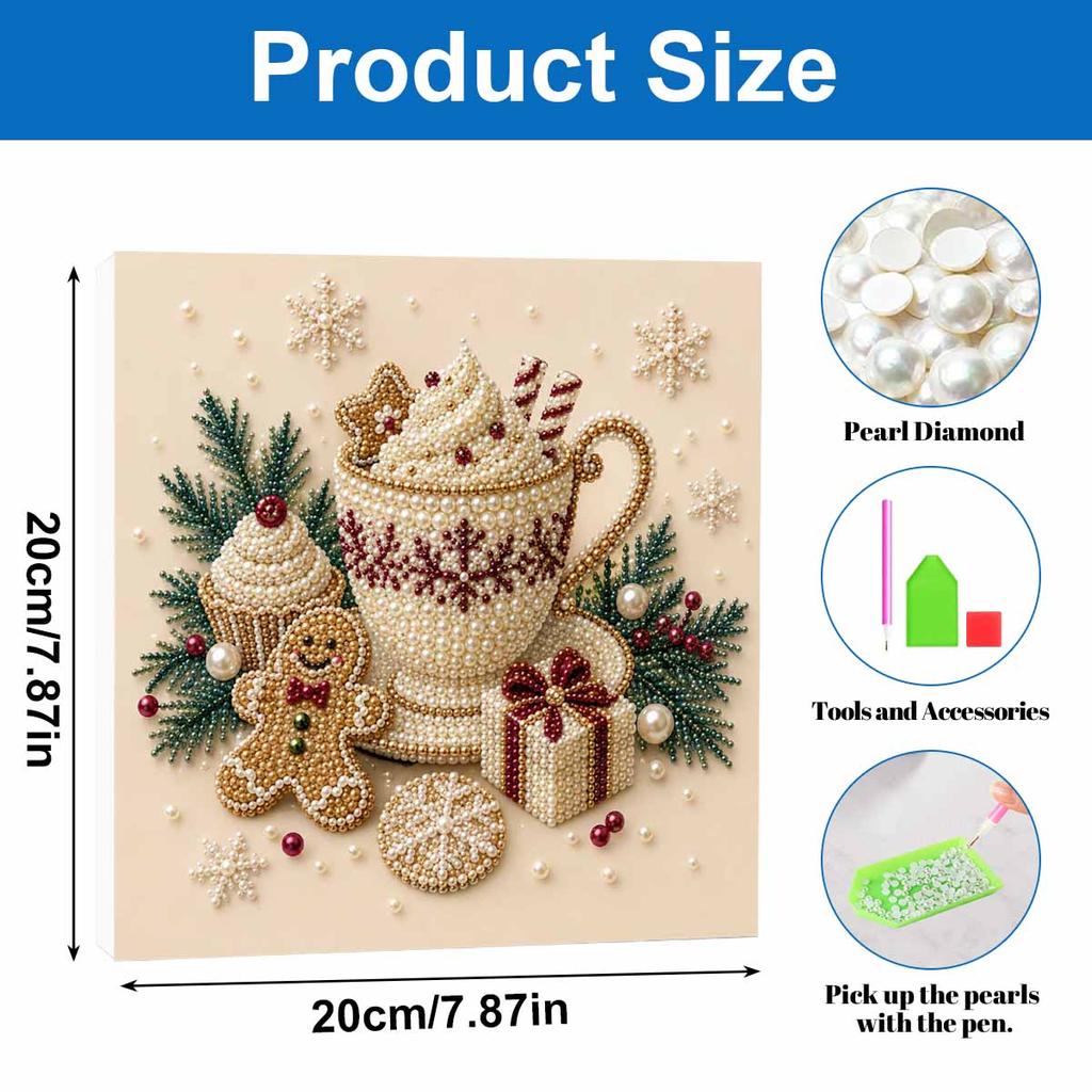 Framed Pearl Bead Art Set with Christmas Hot Cocoa DIY Sparkling Canvas Painting Relaxing Hobby Gift for Meditation Room Decoration