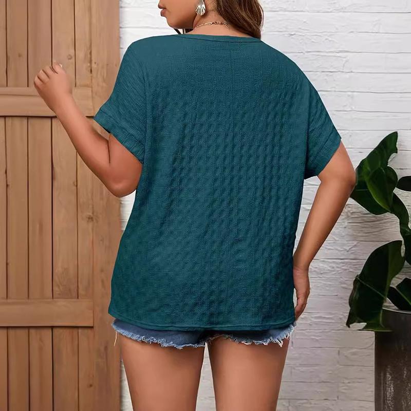 (XL~5XL) Uformell Løs Ensfarget Kort Erm for Kvinner Sommer Rund Hals Rutenett Fold Flaggermus Kort Erm Pustende Lett Myk Komfortabel Arbeid Pluss Topper