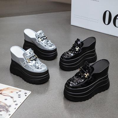 12Cm Taschenkopf Hausschuhe Damen 2025 Sommer neu Mesh Pailletten ohne Absatz Halbschuhe runder Kopf super hoher Absatz Damenschuhe