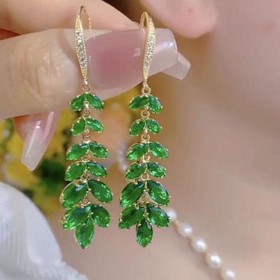 Gold & Green Crystal Leaf Retro Earrings - Light Luxury 2024 Collection