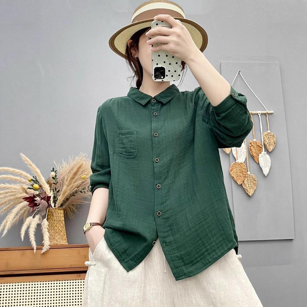 Mori-kei Double Layer Cotton Gauze Long Sleeve Shirt - Women's Loose Versatile Casual Top