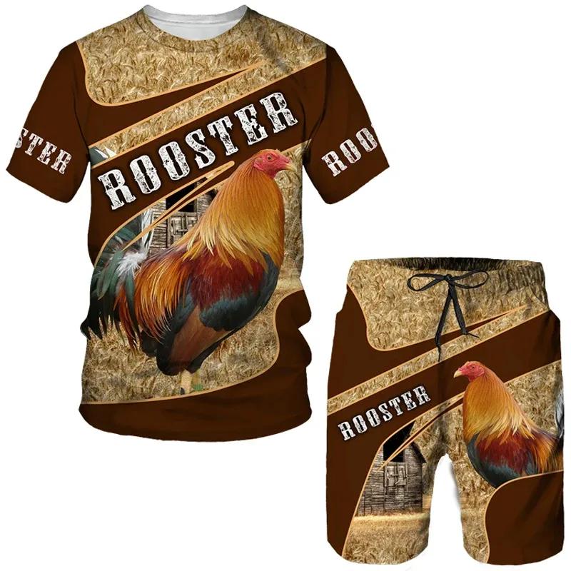 2024 Men's T-shirts Shorts Sets Chicken Graphic 3D Rooster Printed Tracksuit Outfits Fashion Man