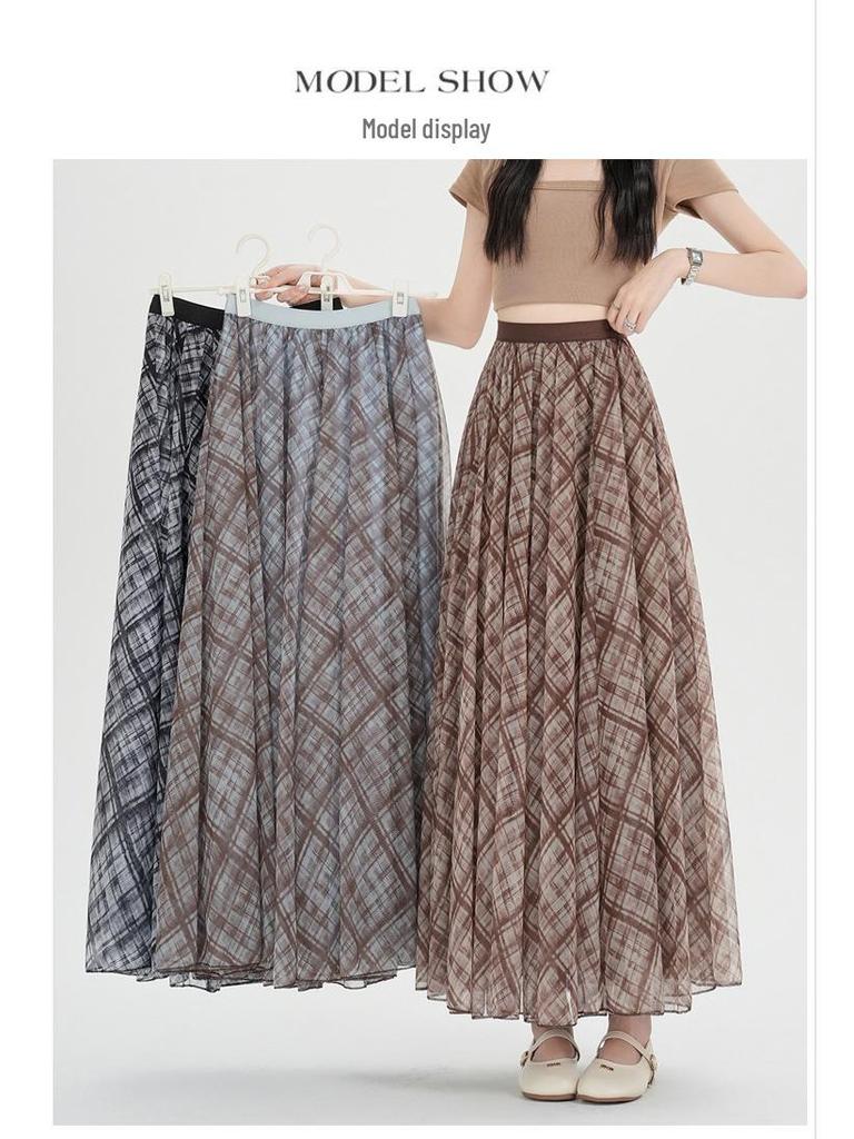 High-Waisted A-Line Plaid Mesh Skirt for Women - Elegant Slimming Umbrella Design