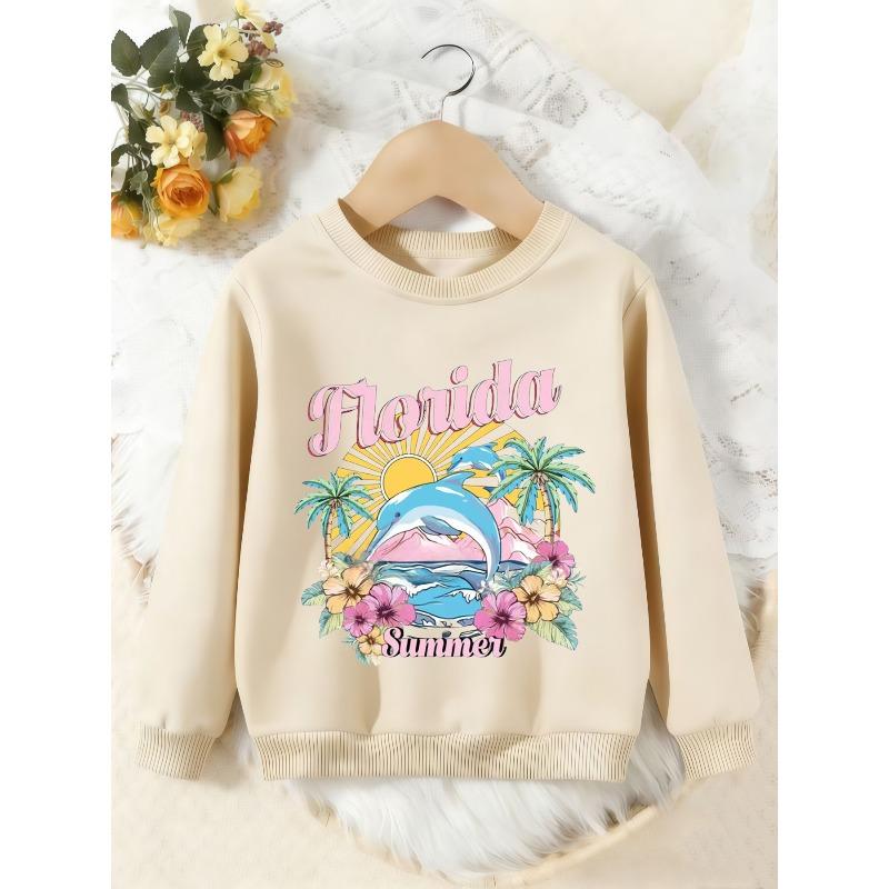 Unisex Kids Crewneck Sweatshirt, Florida Summer Dolphin Palm Tree Floral Print Pullover, Boys Girls Beach Casual Sweatshirt For Kids Over 4 Years Old