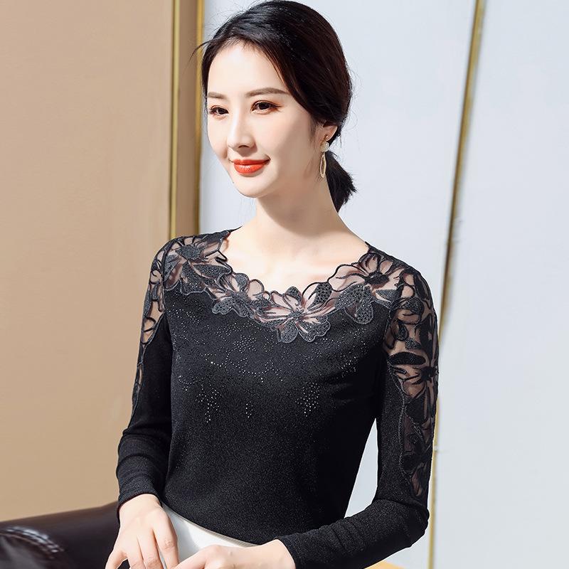 

Женская кружевная базовая рубашка с длинным рукавом - Круглый вырез, Сетка, Приталенный крой, Большой размер, Корейский стиль, Весна и Осень 2025 M чёрный