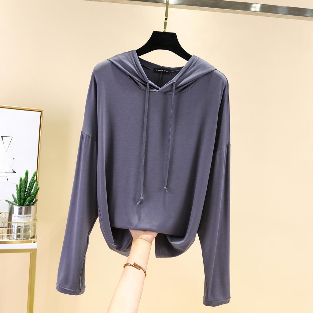 Modales Langarm-T-Shirt mit Kapuze für Damen im Frühling, lässig, große Größe, lockeres Innenhemd, dünnes Oberteil mit Sonnenschutz