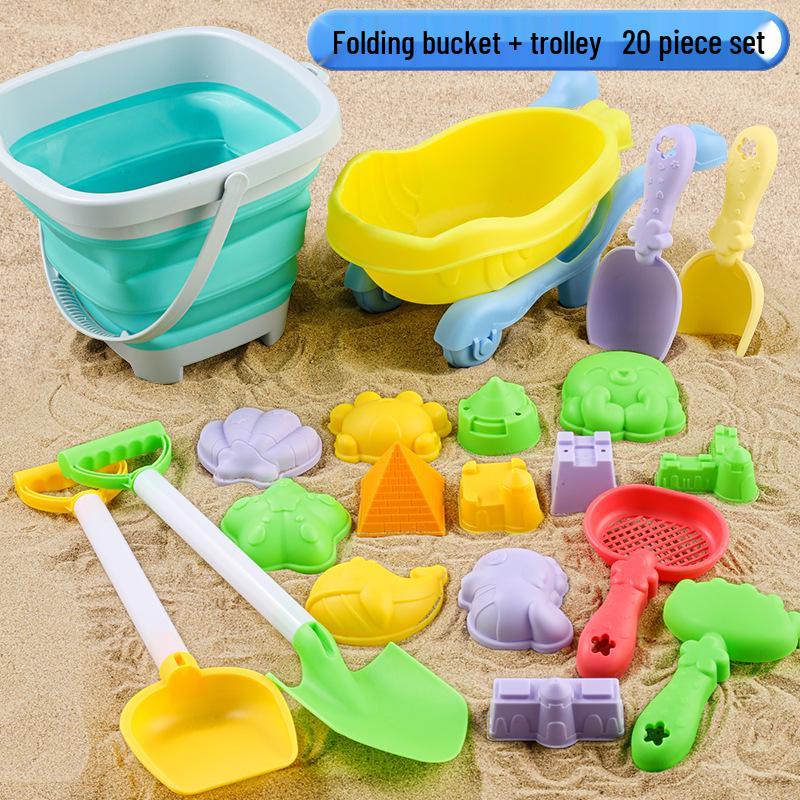 Cross-border Kid's Beach Toy Set: Folding Bucket, Shovel, Sand Tools & Sandglass Accessories