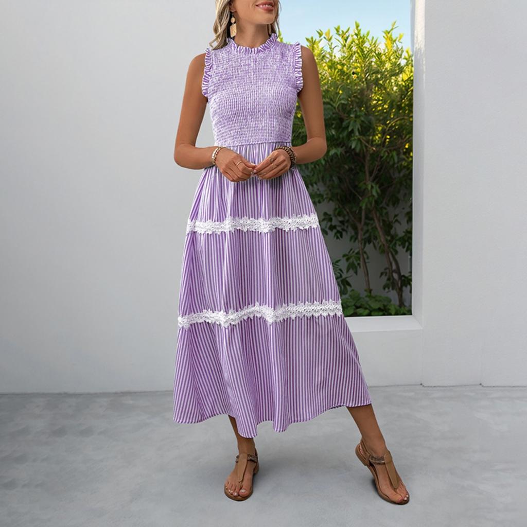 New Sweet Casual Lace Ruffled Trim Sleeveless Striped Summer Dress