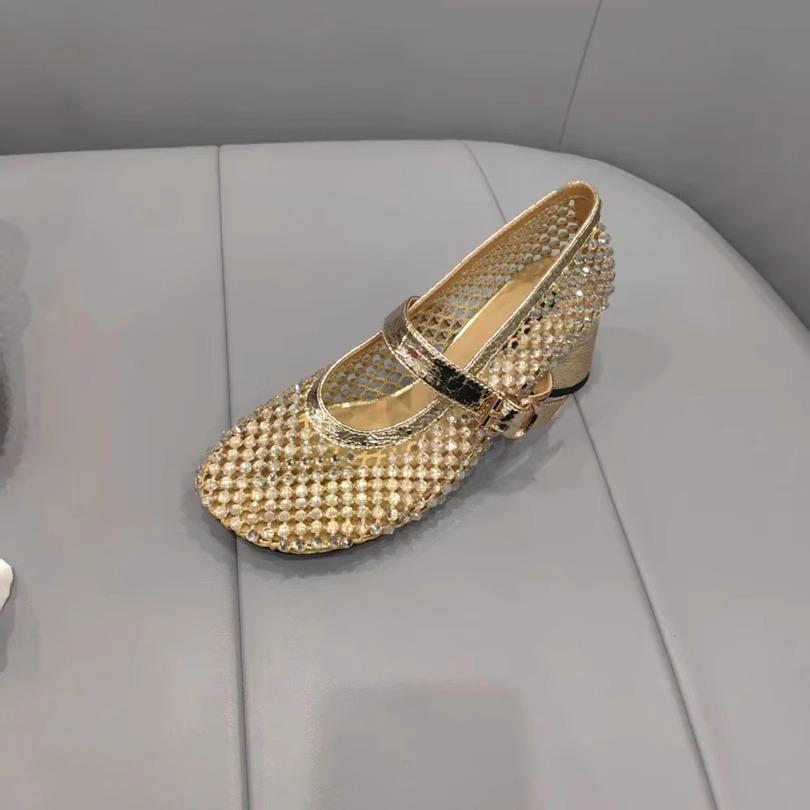 Europäische Station Atmungsaktives Mesh Strass Französisch 2025 Frühling und Sommer Ein-Wort Schnalle Gürtel Mode Einzelne Schuhe Mary Jane Flacher Ausschnitt