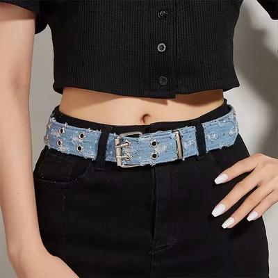 1PC Fashion Luxury Belt Black Punk Accessories Blue Denim Girdle HipHop Y2k Star Hollowed Pin Buckle WaistbandFor Men Women