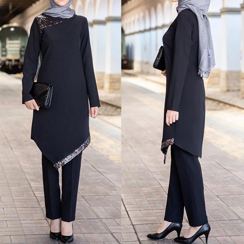 Muslim Arab Split Two Piece Set Tops & Pants Simple Ramadan Moroccan Islamic Middle East Clothing Dress Set for Women