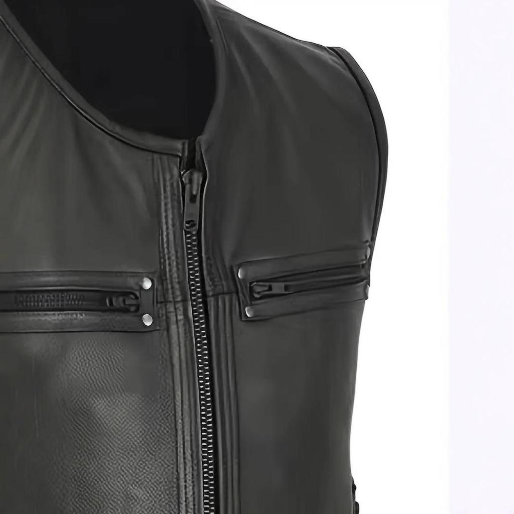 2025 Trendig Enfärgad Läder Bikerväst med Ståkrage