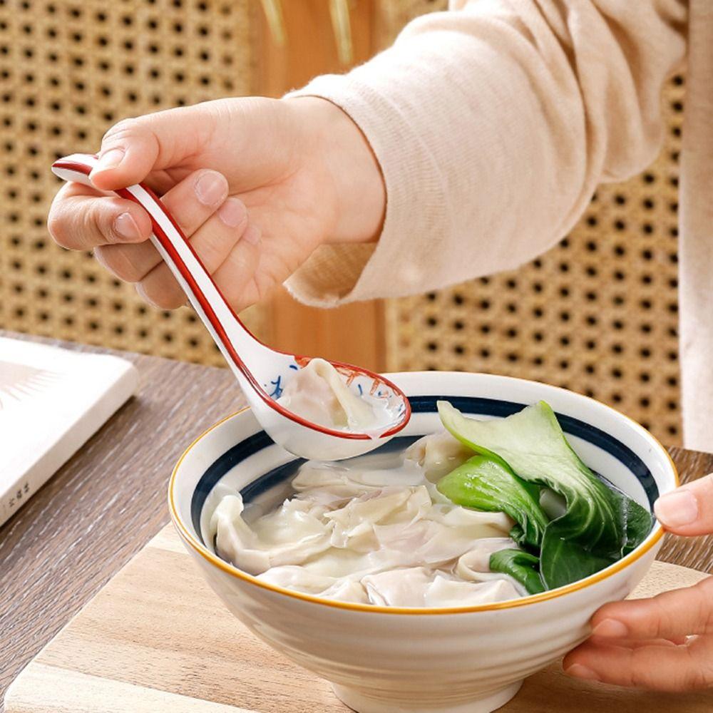 Set of 4 Porcelain Ramen Spoons Curved Handle Cooking Utensil Wonton Ceramic Soup Spoon  Home