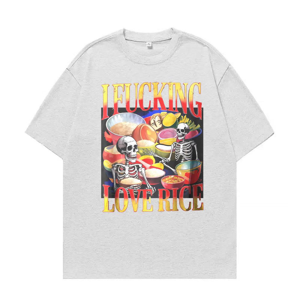 Funny Skeleton Rice Lover Edgy Foodie Meme Graphic Tee Shirt Unisex Women Retro High Quality Summer Tshirts Cotton Classic T Shirt