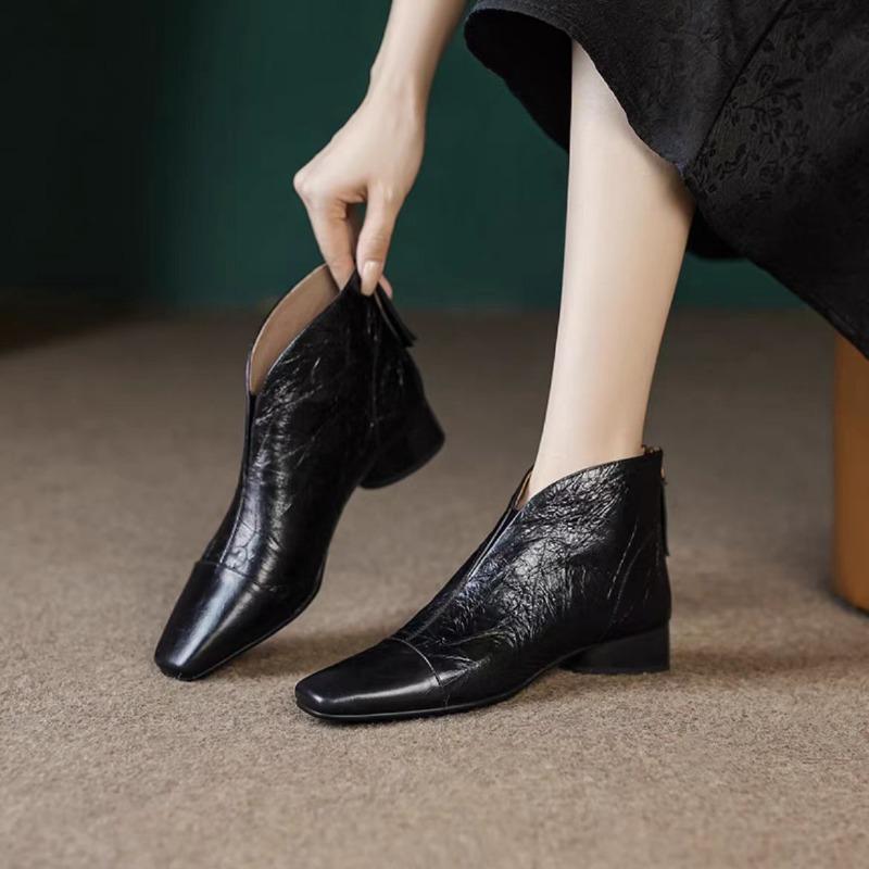 Móda 2024 Nové boty pro ženy Kotníkové dámské boty Retro Moderní boty Dámské Šití Čtvercová špička Zadní zip Nízký podpatek Venkovní obuv Dámská