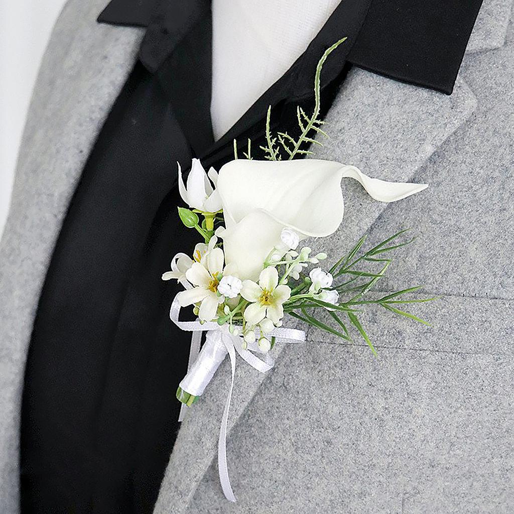 2PCS Wedding Boutonniere Artificial Flowers Bride Groom Corsages for Ceremony Party