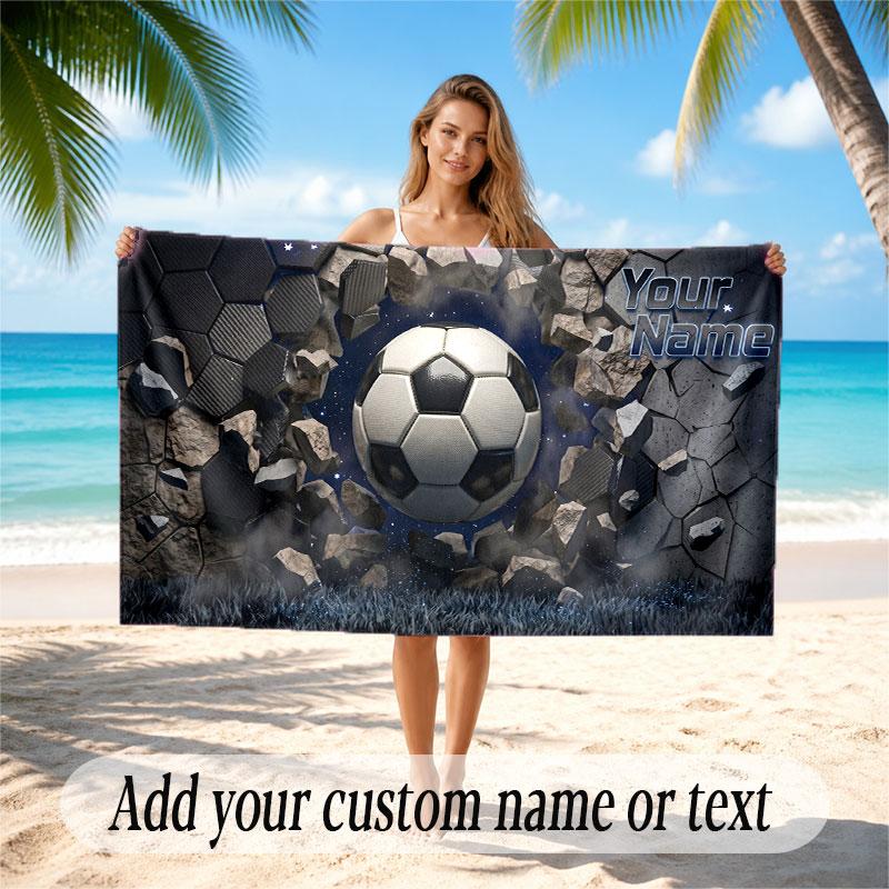 Soccer Theme Beach Towel Personalized Custom Name & Text Soft Quick Dry Beach Towel for Swimming Travel