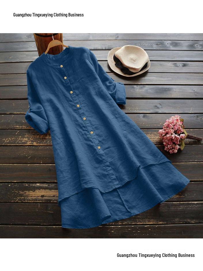 Women's Solid Color Button-Up Cotton Linen Long Sleeve Shirt