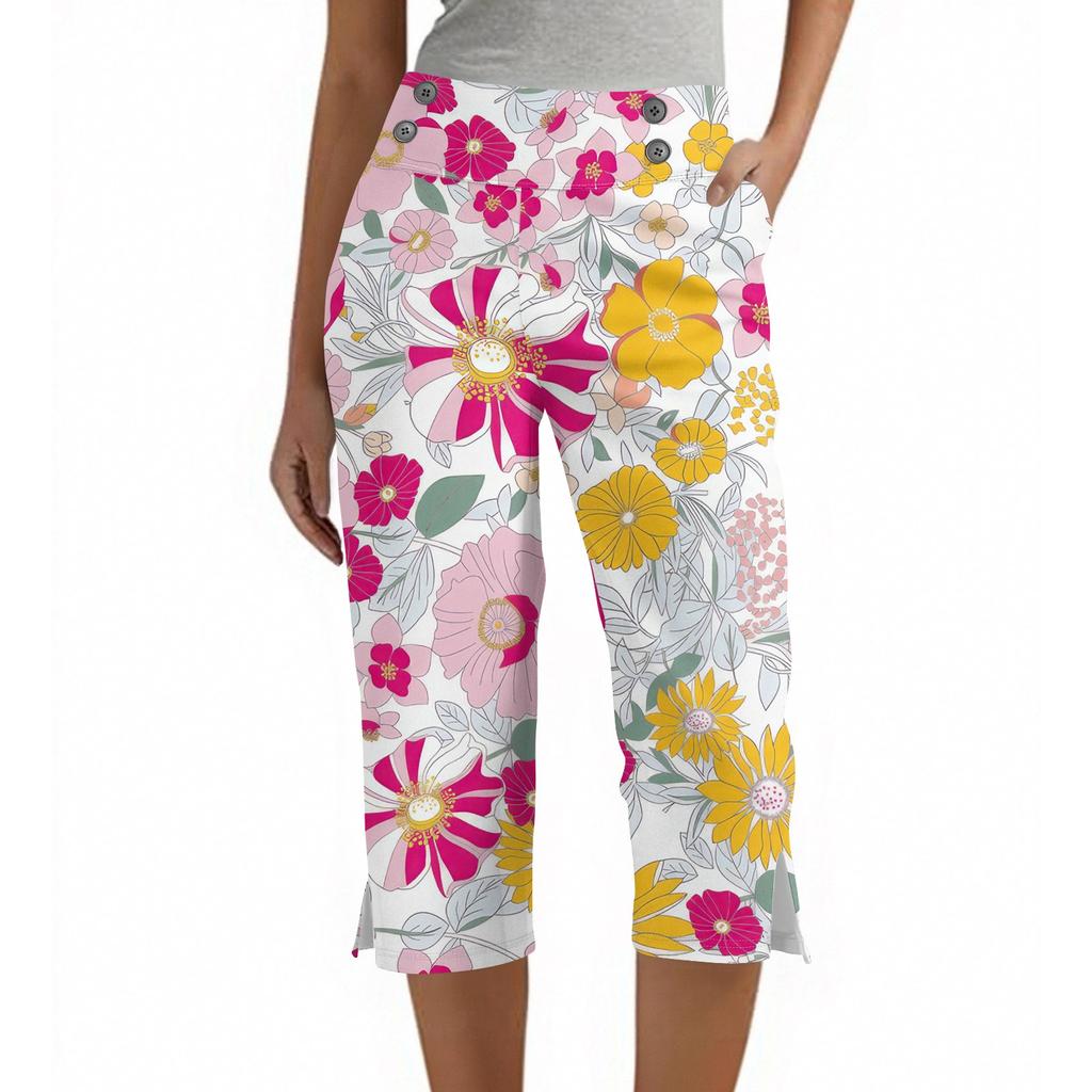 Women's Vintage Floral Print Button Pocket Trousers Slit High Waist Sports Yoga Casual Pants