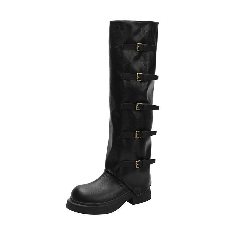 Retro Pleated Stacking Boots Women's New Long Western Cowboy Boots Tall Thick Heel Thick-soled Martin Boots Women