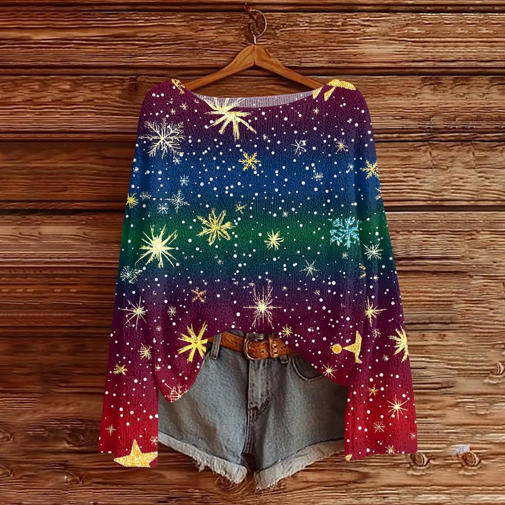 Women's Fashion Round Neck Long Sleeve Christmas Print Casual Pullover Sweater Top