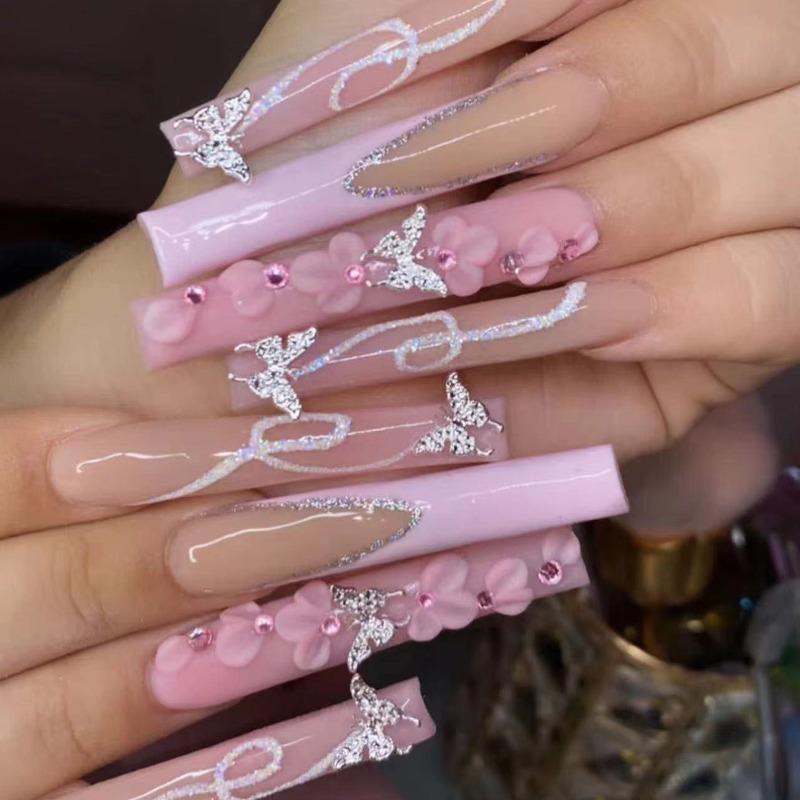 European and American Style Wearing Nail Silver Butterfly Glitter Wearing Fake Nails Pink Flower Broken Diamond Nail Art Piece Finished Product