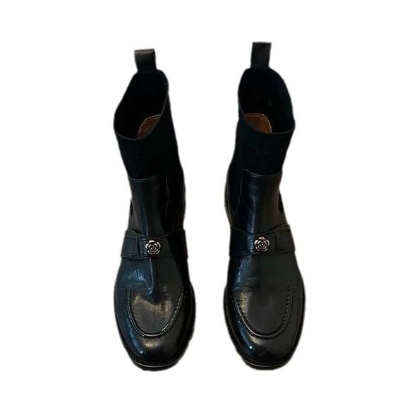 Leather retro camellia elastic socks boots skinny boots short boots women's autumn and winter new thick heel Martin boots