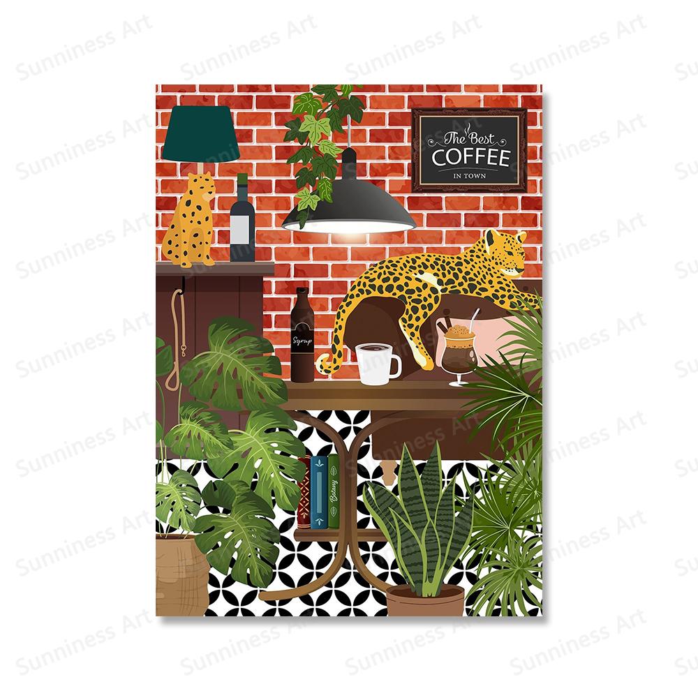 Animal Highland Cow In Bathroom Wall Art Canvas Painting Posters Botanical Library Monstera Leaf Print For Coffee Bar Home Decor