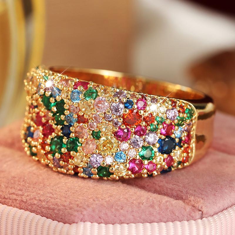 Luxury Inlaid Multicolored CZ Women's Ring Aesthetic Gold Color Geometry Daily Wear Party Jewelry Anniversary Gift