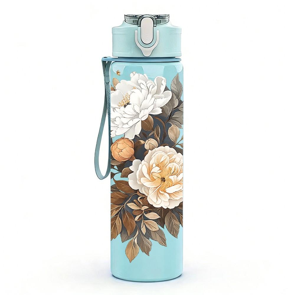 1PC Peony Rose Dried Bouquet Art Print 750ml Color Plastic Sports Water Bottle Leakproof Flip Straw Lid Suitable for Sports Office Home Use