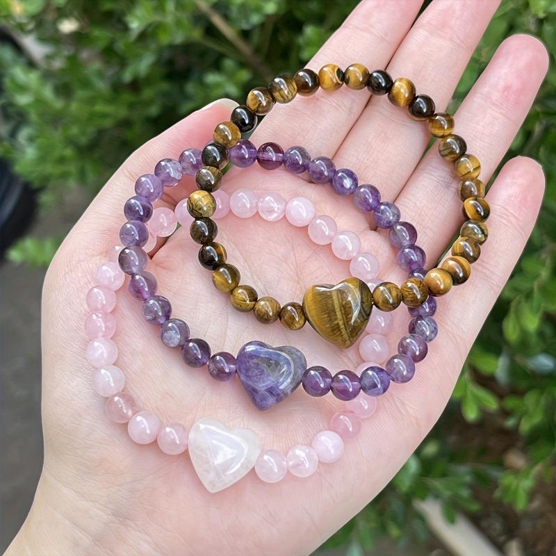 Natural Stone Heart Beaded Bracelet Set – Rose Quartz, Amethyst Tiger’s Eye Protection Jewelry for Women, Romantic Gift