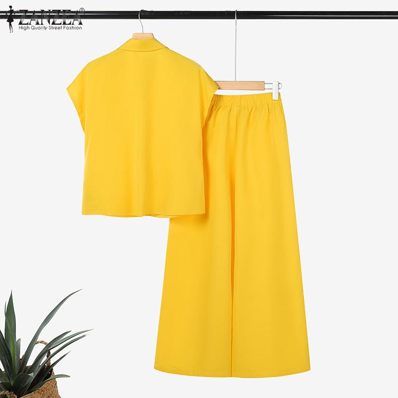 ZANZEA Women Short Sleeve Blouse and Pants Summer Two Piece Suit Sets