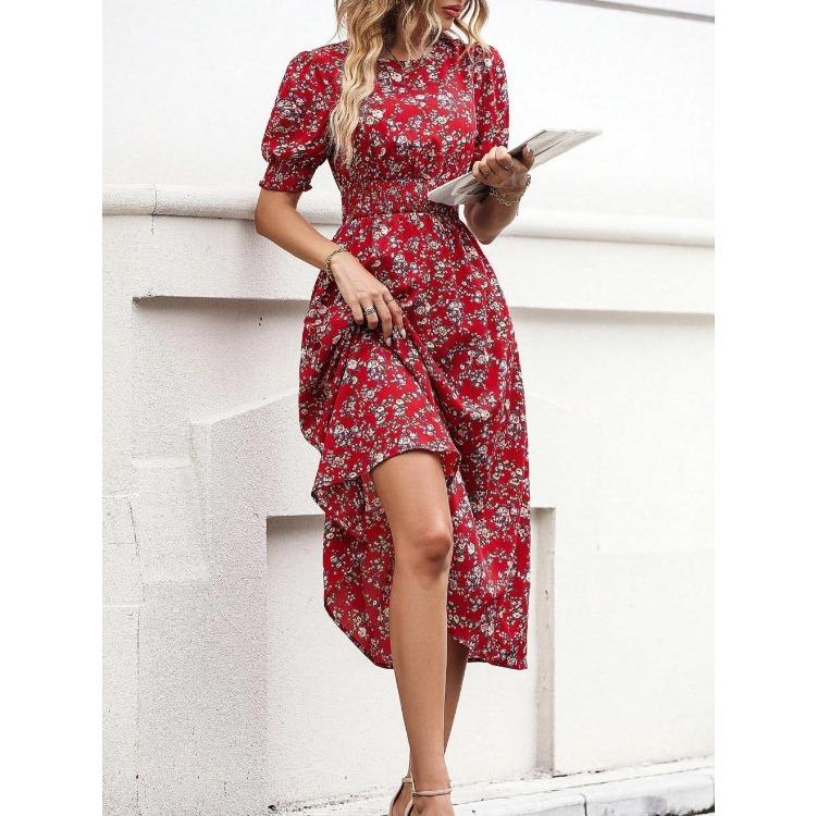 Women Summer Puff Sleeve High Waist Floral Midi Vacation Print Long Comfortable Lightweight High Recognition Elegant with Flattering Chic Dress