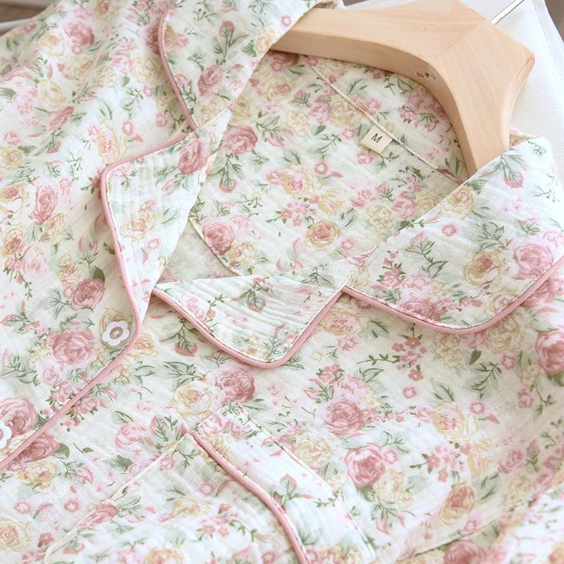 Autumn Cotton Crepe Women's Pajamas Casual Soft Loose Sleepwear Long Sleeve Pants Pajama Sets