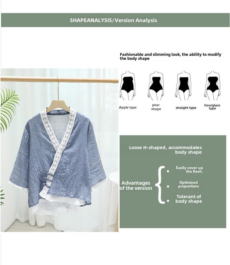 Damska koszula z bawełny i lnu z koronką i rękawem trzy czwarte, styl retro wiosna/jesień 2024 z asymetrycznym kołnierzykiem i guzikami