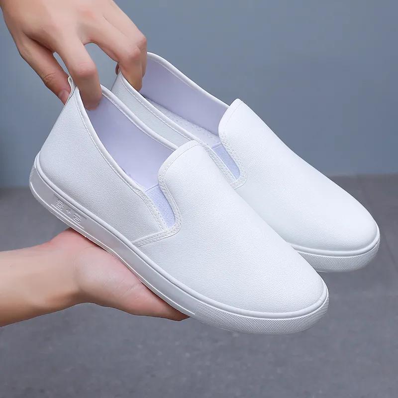  zapatos de mujer women cute round toe white pu leather spring slip on anti skid loafers lady school black shoes ab304
