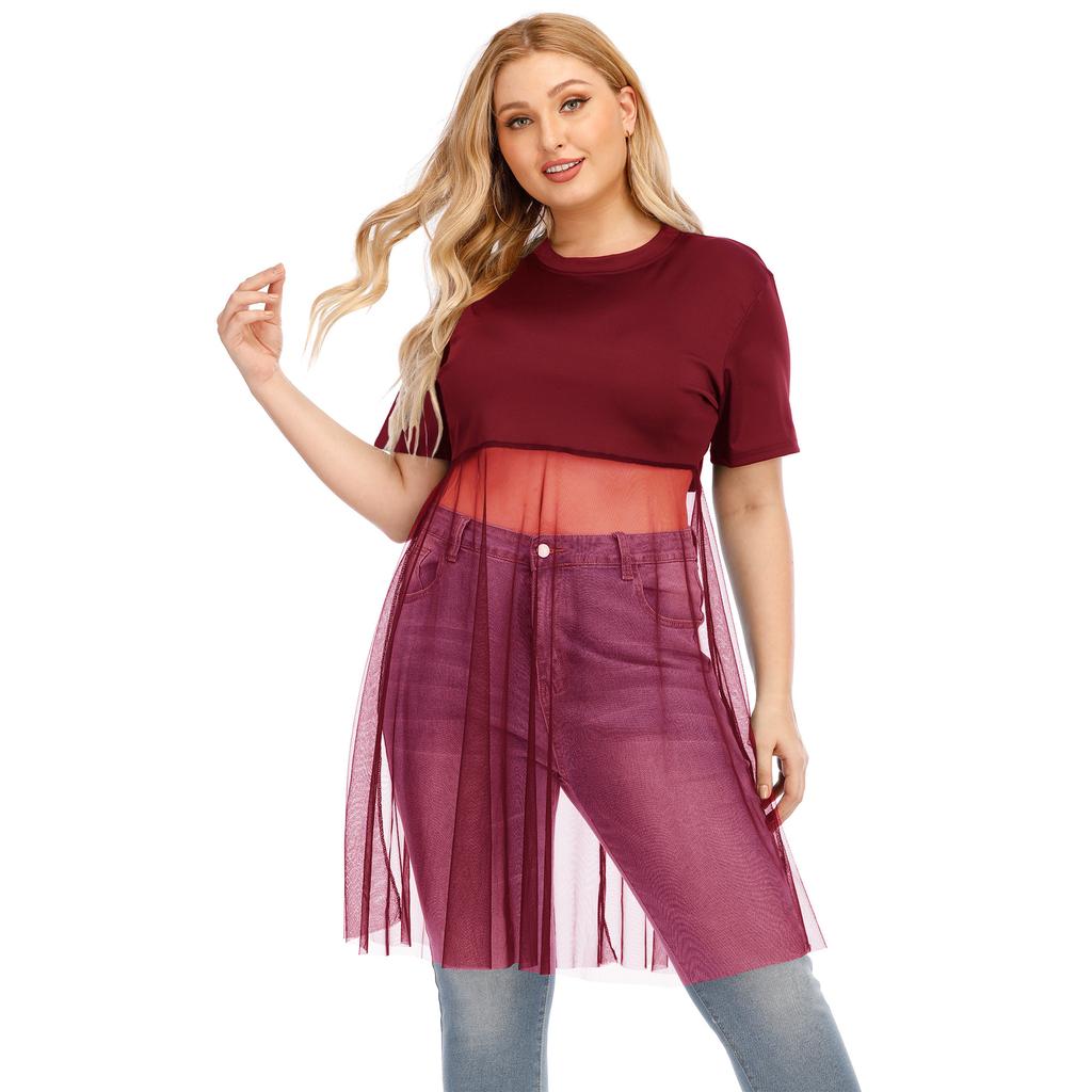 חולצת טריקו לנשים קיץ מידה גדולה סקסית שקופה חיבור רשת צוואר עגול אופנה חולצת טריקו חולצות שרוולים קצרים