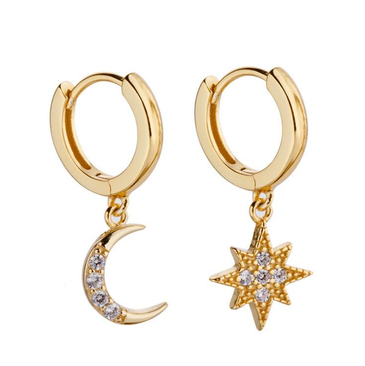 European  American Fashion Rhinestone Crystal Star  Moon Stud Earrings