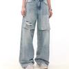 JYL Men's Straight Jeans American Vintage Blue Ripped Patch Loose Wide-Leg Denim