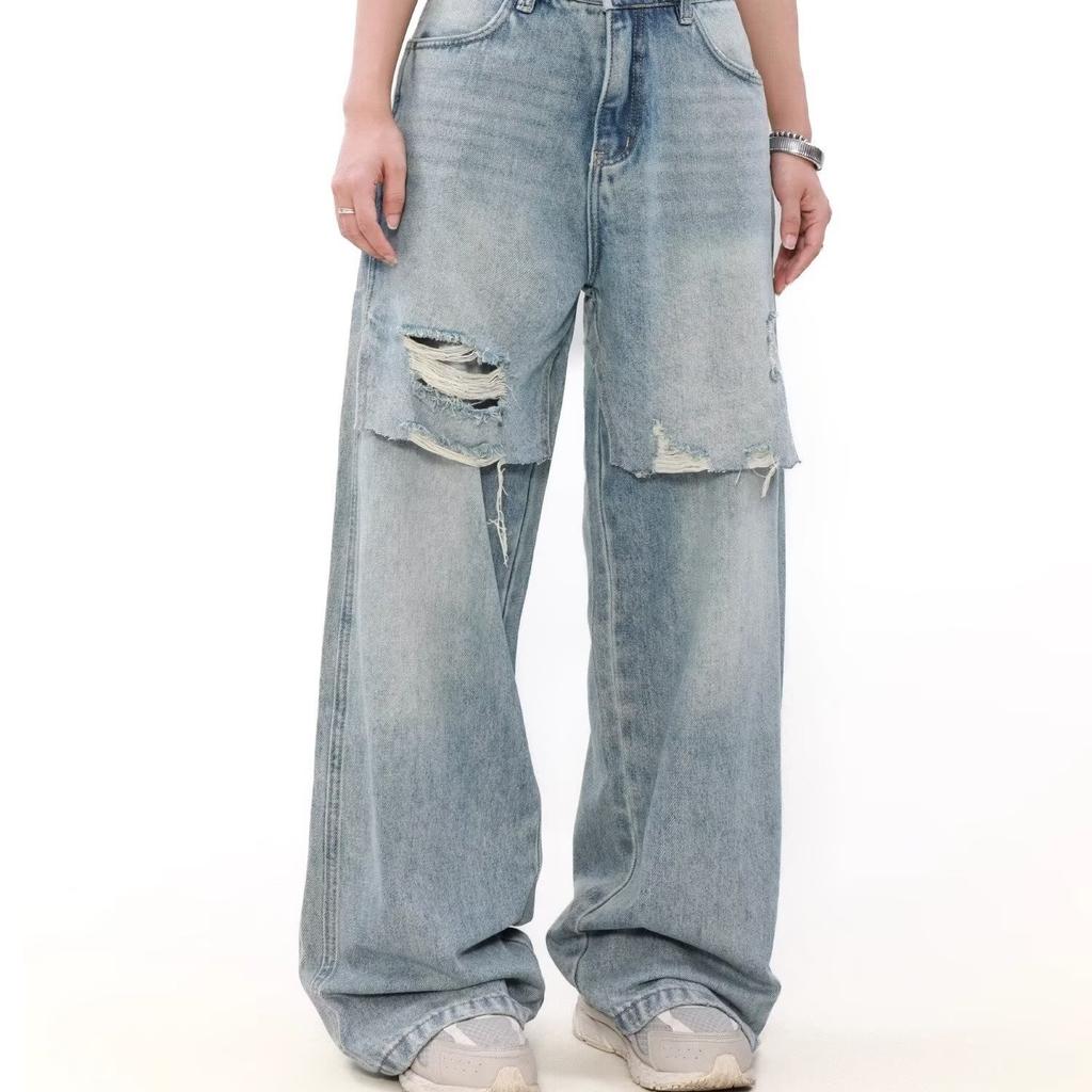 JYL Men's Straight Jeans American Vintage Blue Ripped Patch Loose Wide-Leg Denim