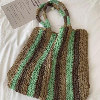 Contrasting Paper Rope Striped Straw Bag Versatile Handwoven Bag Holiday Beach Bag Large Capacity Shoulder Tote Bag