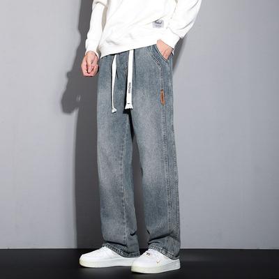 Men's Vintage Straight-Leg Fleece-Lined Jeans, Spring and Autumn, Slightly Stretchy, Wide-Leg, Casual American High Street Workwear Pants