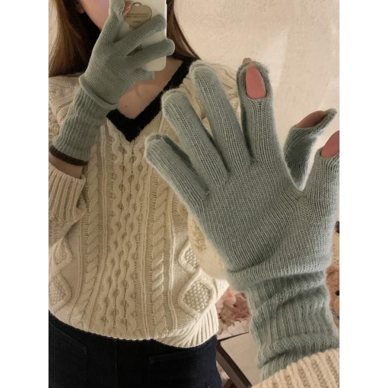 Womens Winter Warm Fleece-Lined Touchscreen Gloves With Finger Separation Korean Style