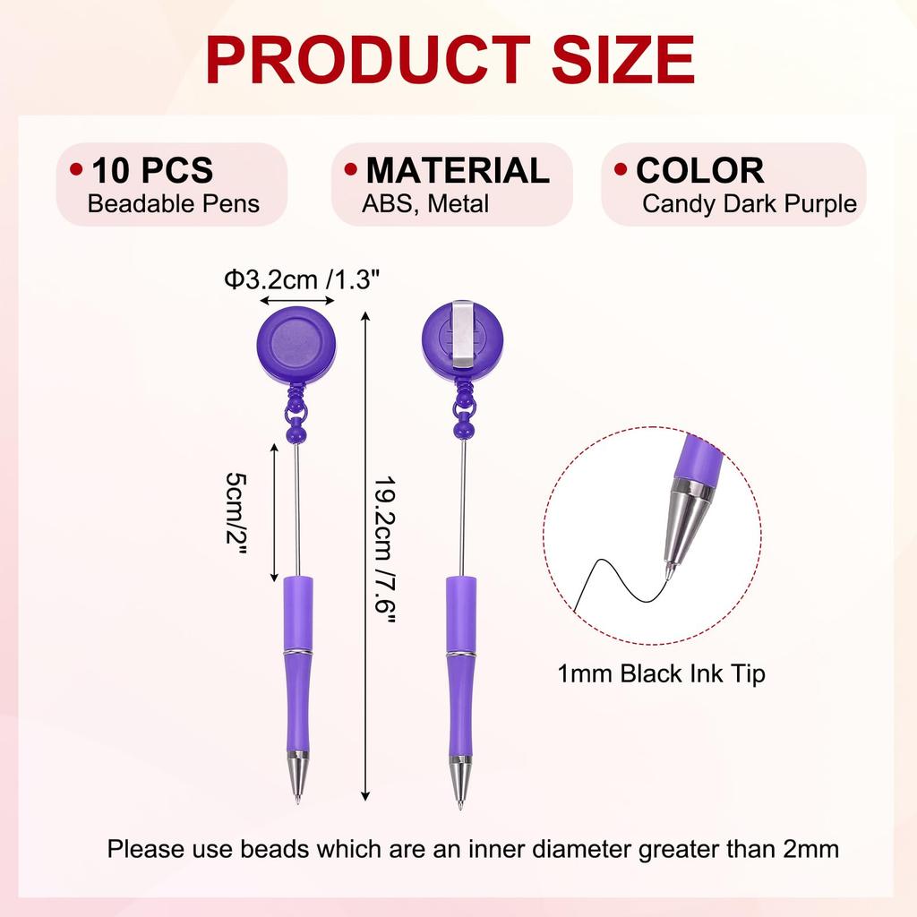PATIKIL 10pcs Bead Pens Retractable Badge Reel Bead Pens Bulk Bead Ballpoint Pens Black Ink for DIY Making Office Worker Waitress Writing Instrument