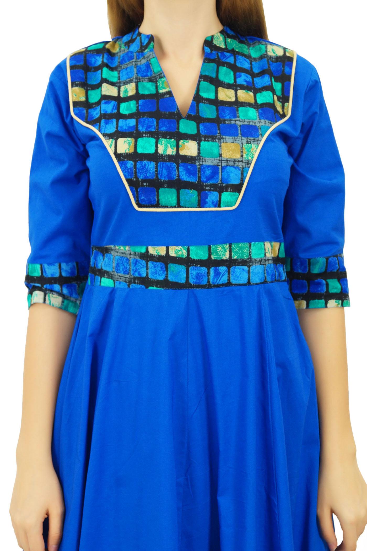 

Жіноча бавовняна туніка Курті з довгим розкльошем бімба з рукавами 3 і 4 Індійська туніка| Чорний| 8 королівський синій колір